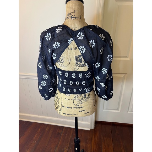 Buru Teagan crop Top Black White Puff Sleeve Sweetheart Neck Smocked size S - Picture 6 of 12